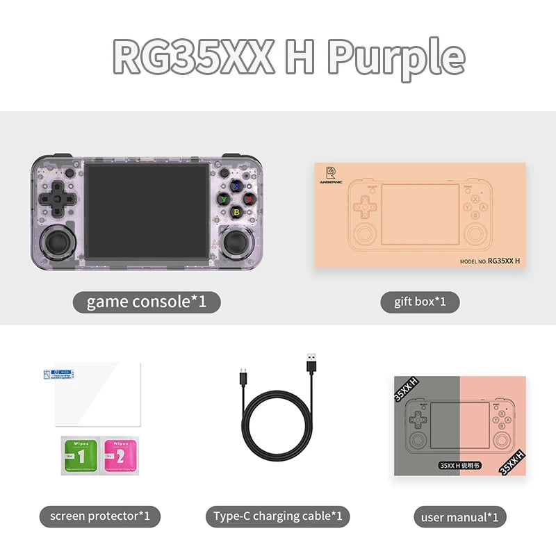 Game console with accessories including screen protector, charging cable, and user manual on a white background.