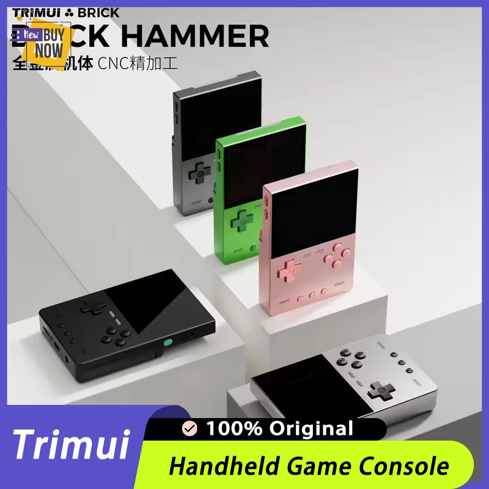 Collection of handheld game consoles in various colors on a white background with Trimui branding.