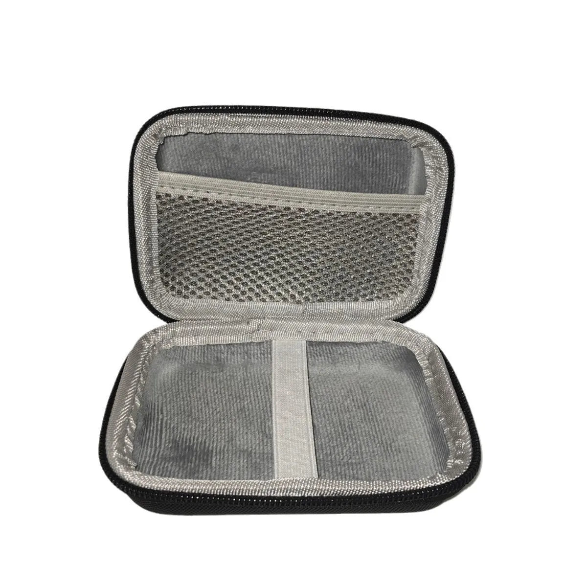 Gray mesh storage case with black border on a white background