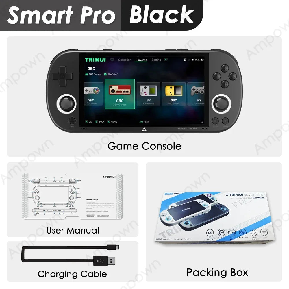 Game console with accessories including user manual, charging cable, and packaging box on a white background.