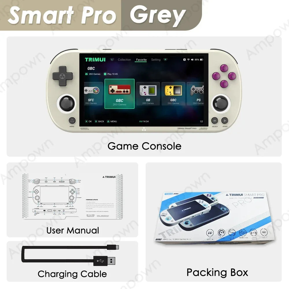 Game console grey with user manual, charging cable, and packing box on a white background
