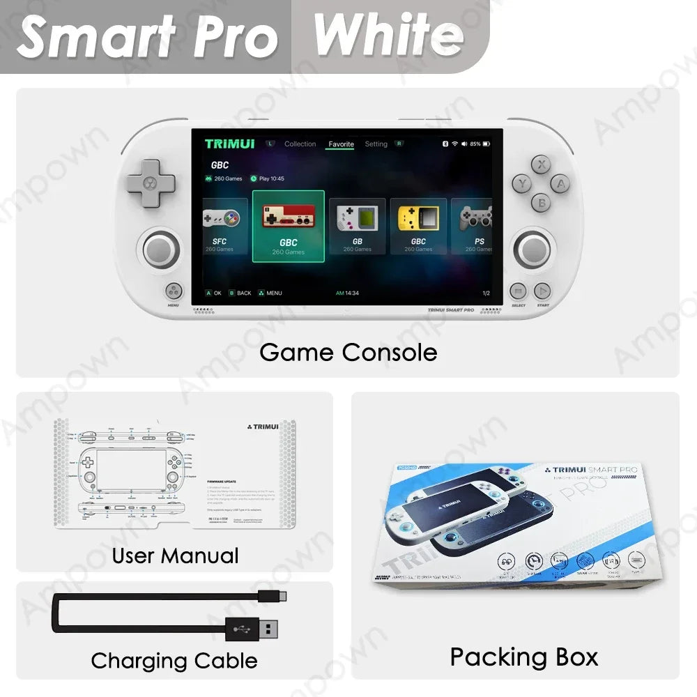 Smart Pro White game console with user manual, charging cable, and packaging box on a white background.