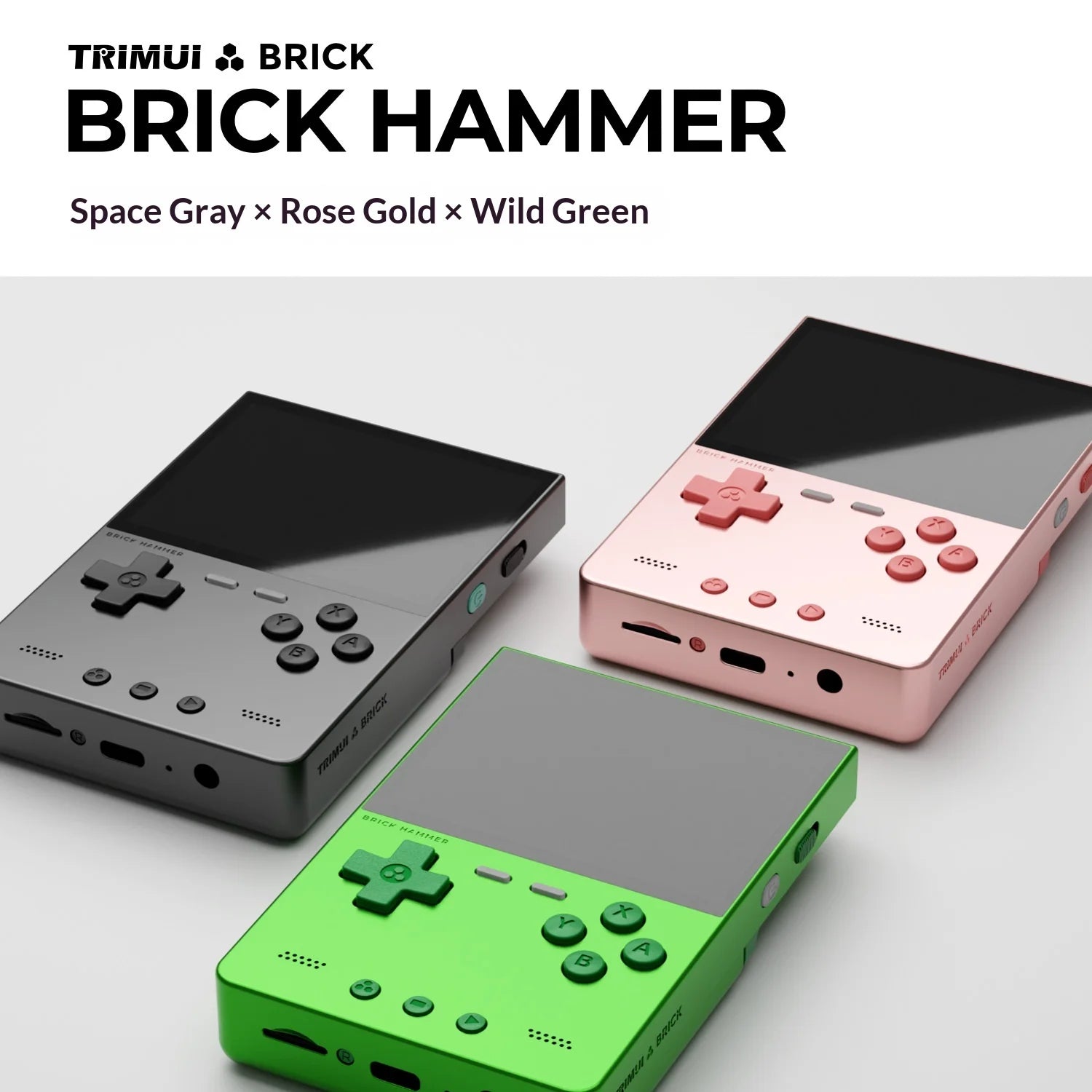 Three handheld devices in space gray, rose gold, and green on a light gray background with 'Trimu Brick Hammer' branding.
