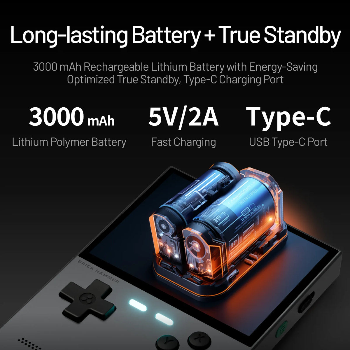 Rechargeable lithium battery with Type-C charging port on a gaming console, featuring text about battery specifications.