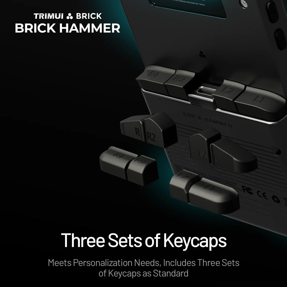 Gaming keyboard with keycaps and Trimu Brick Hammer branding on a dark background