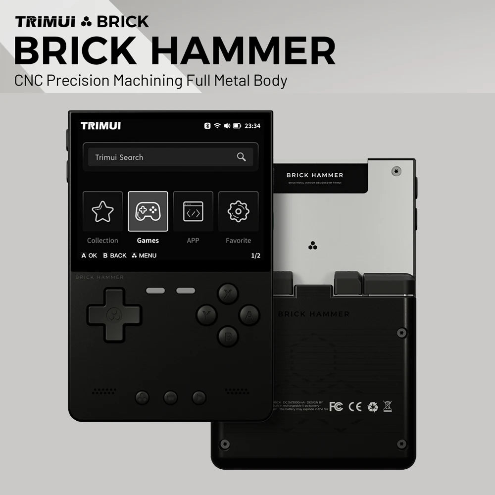 Black handheld device with gaming console design, featuring 'TRIMUI' branding on a gray background.