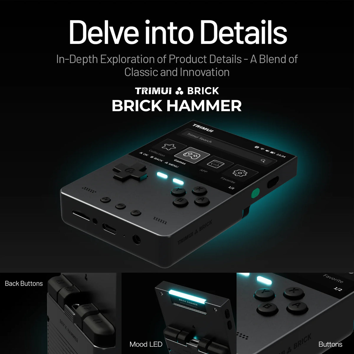 TRIMUI Brick Hammer product with detailed features on a dark background