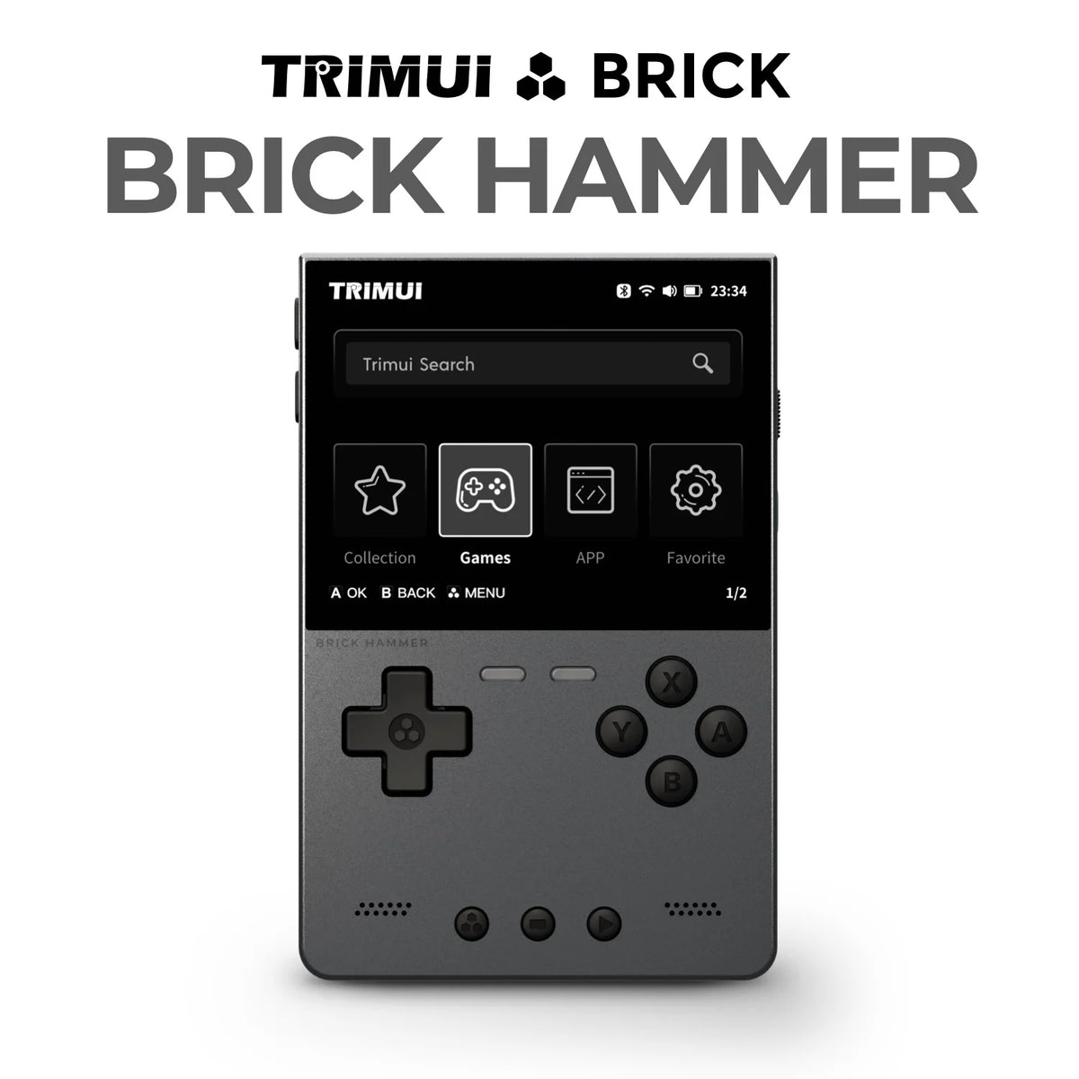 Handheld device with screen displaying 'TRIMUI' interface on a white background
