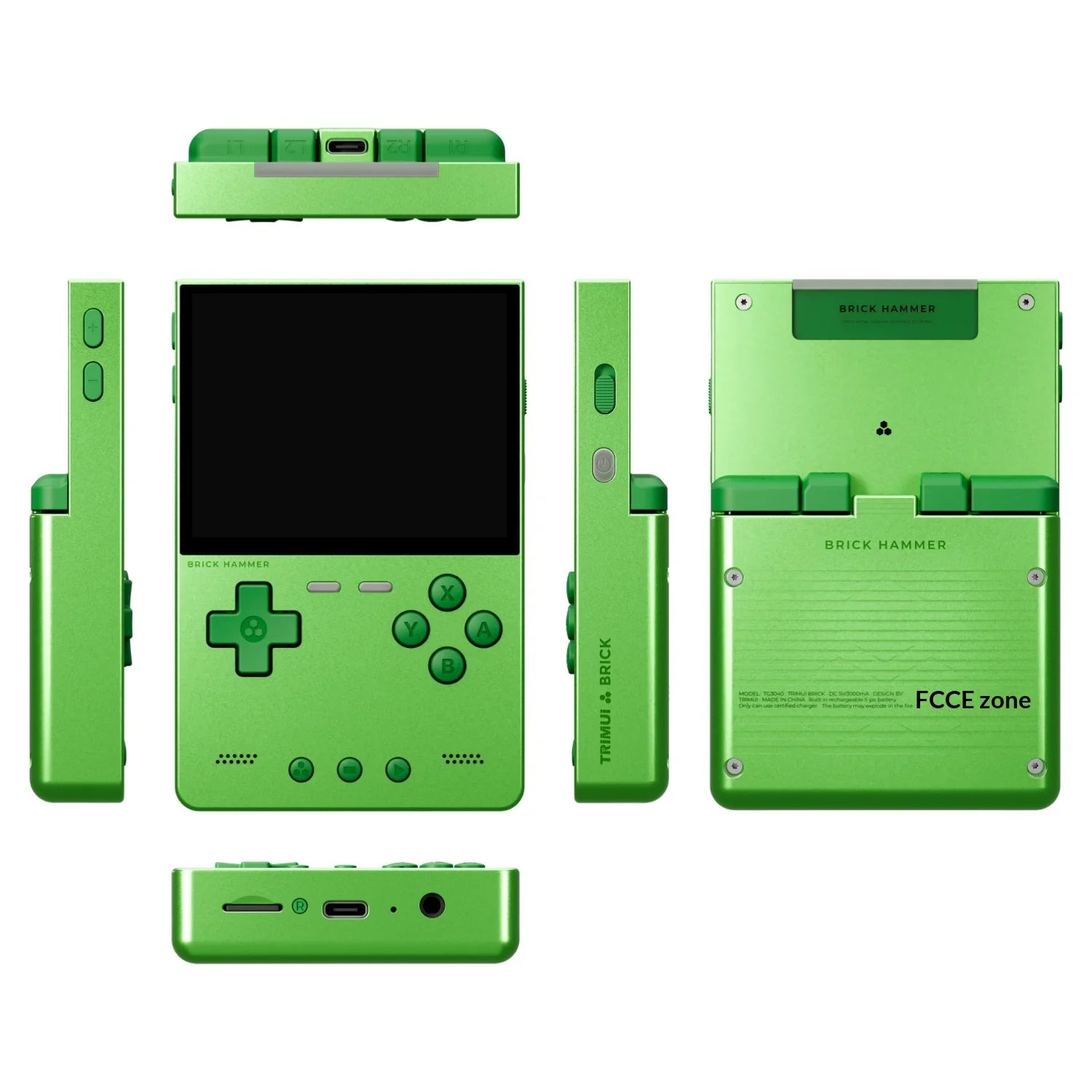 Green handheld gaming console with multiple views on a white background