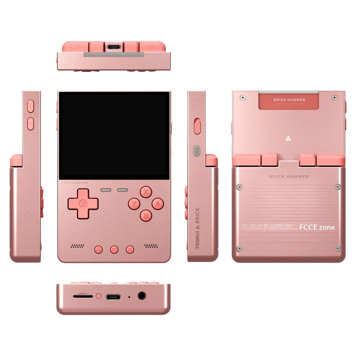Pink handheld gaming console with multiple views on a white background
