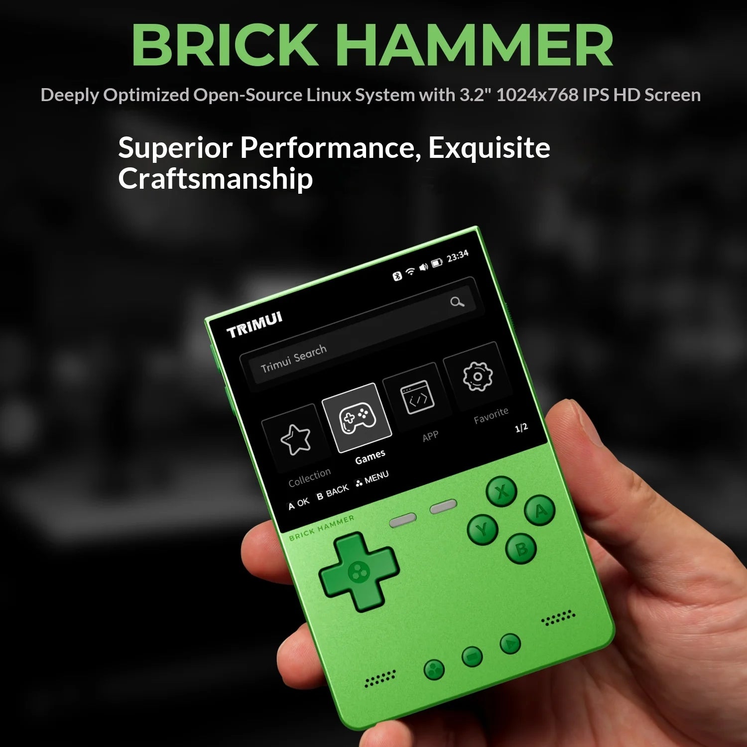 Green handheld device with screen displaying 'TRIMUI' held in a hand against a dark background, with text about 'Brick Hammer' system.