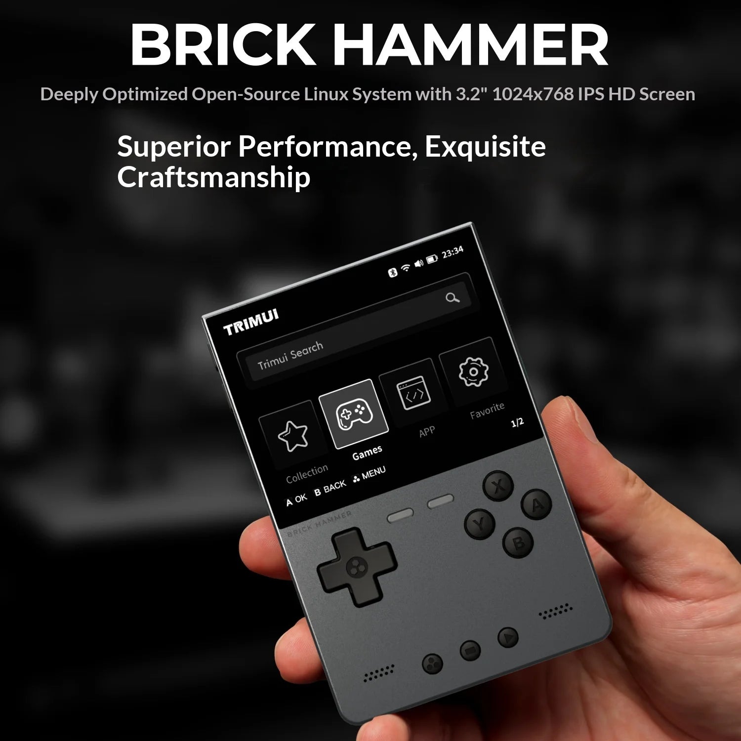 Hand holding a small handheld device with a screen displaying 'TRIMU' on a dark background, featuring text about 'Brick Hammer' system.