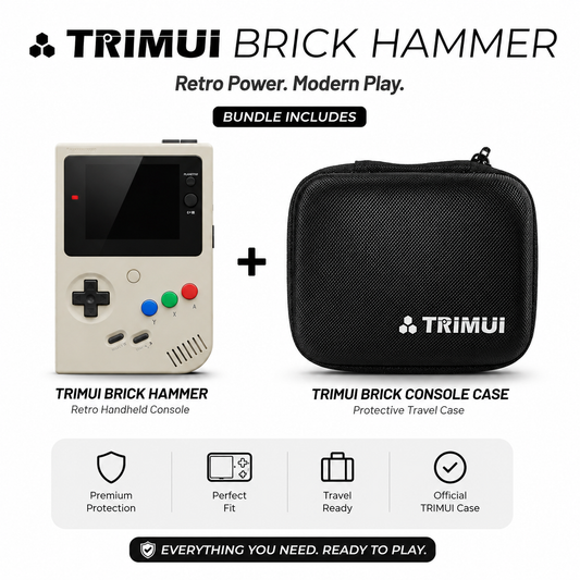 TRIMUI Brick Hammer retro handheld console with protective travel case on a white background