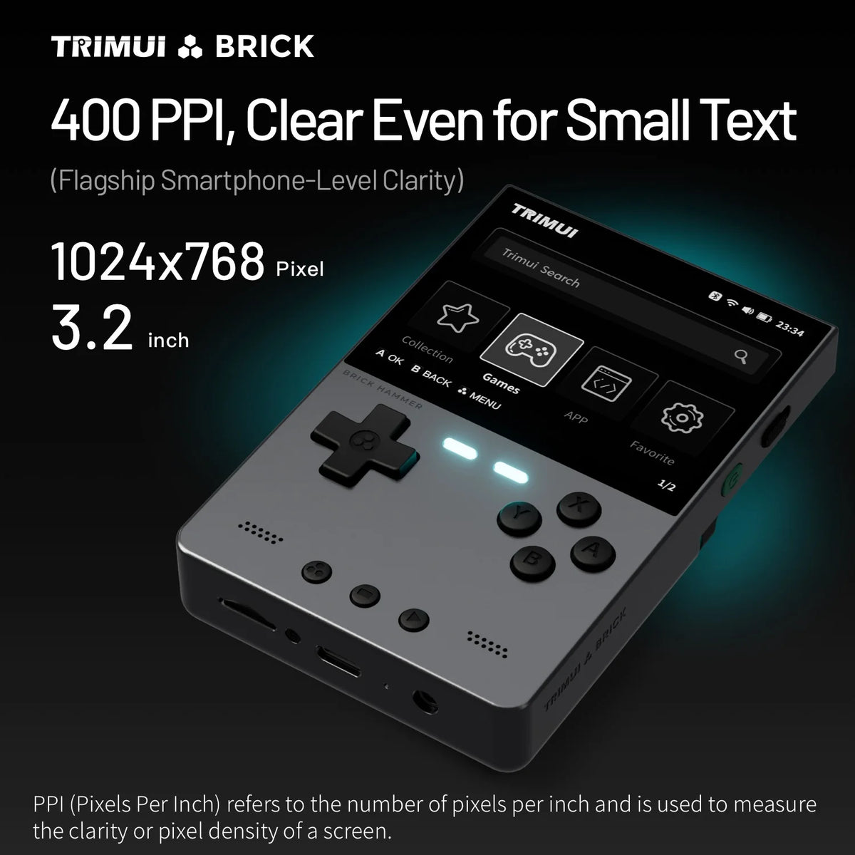 Handheld gaming console with TRIMUI branding and screen specifications on a dark background