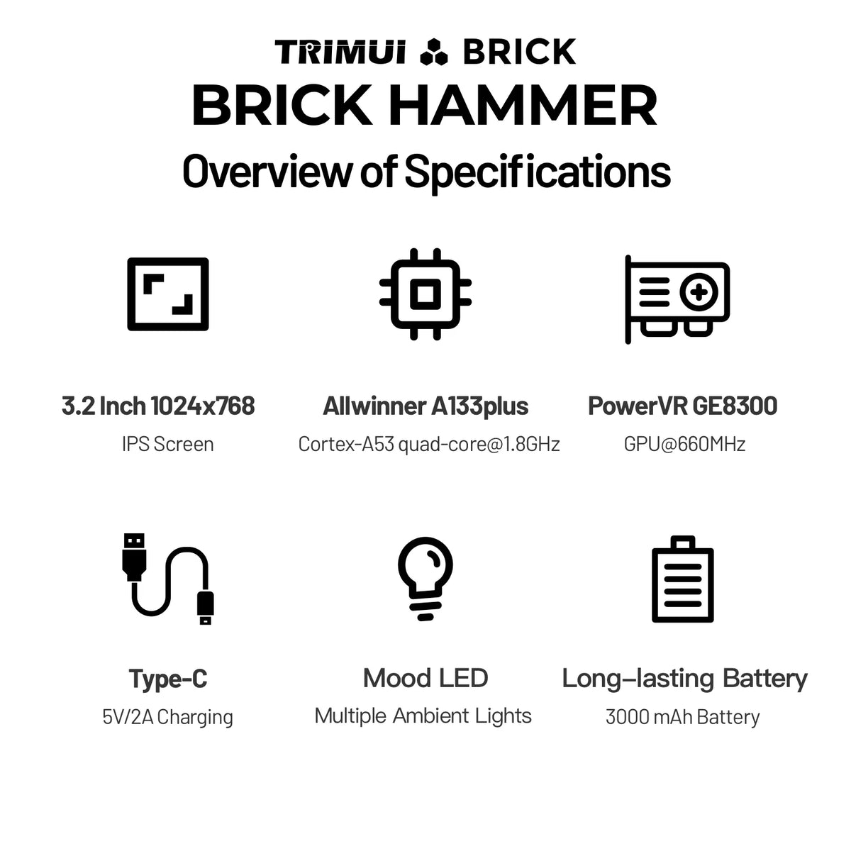 Specifications of TRIMUI Brick Hammer on a white background