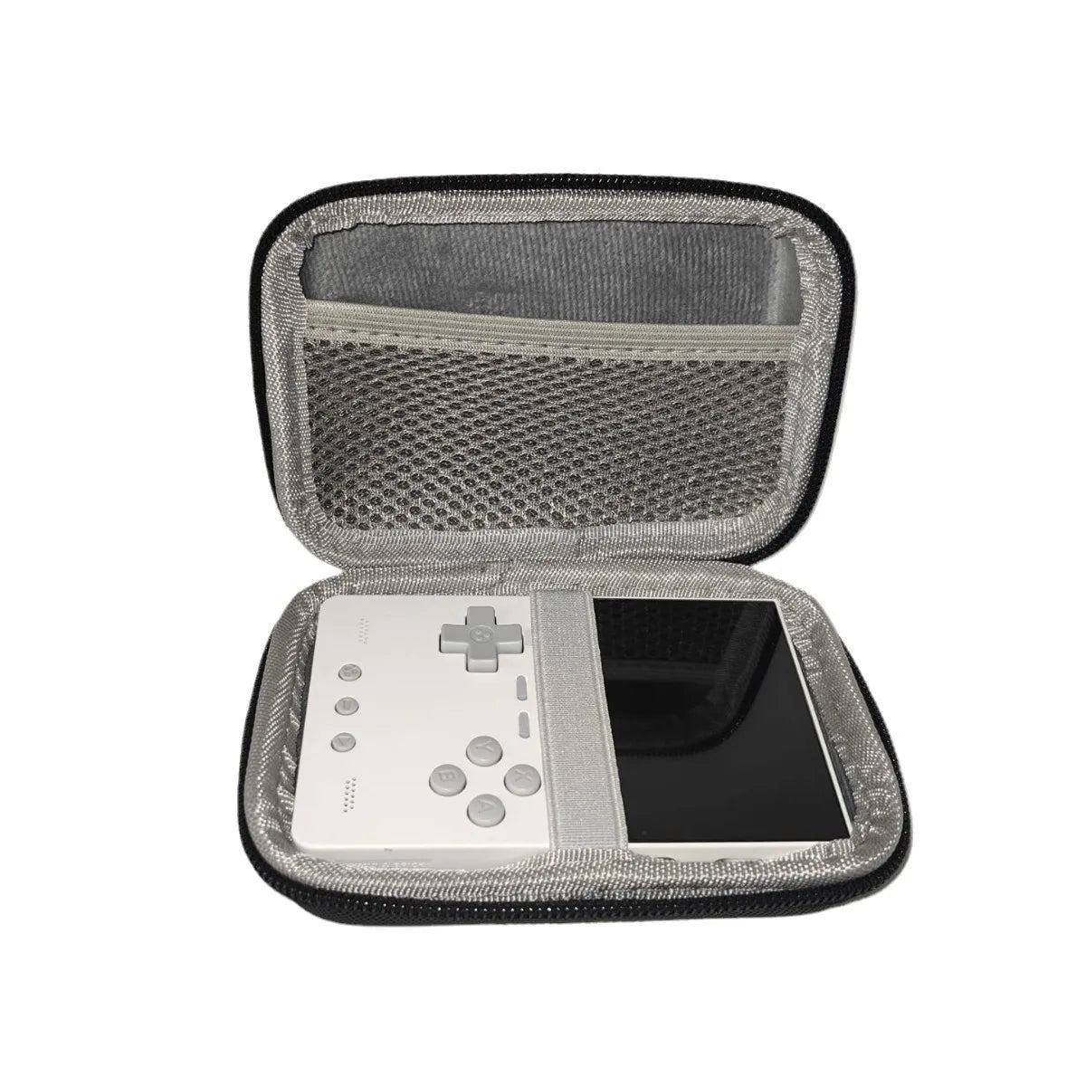 Small electronic device in a gray carrying case on a white background