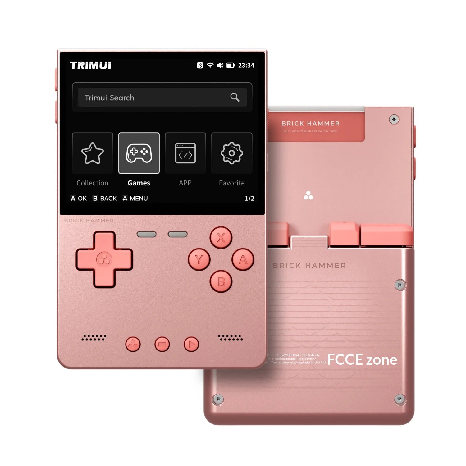 Pink handheld gaming device with screen and buttons, branded 'TRIMUI'.