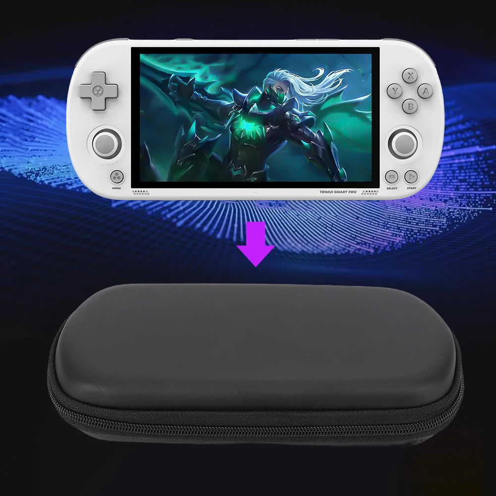 Portable gaming device with a character on the screen next to a black carrying case.