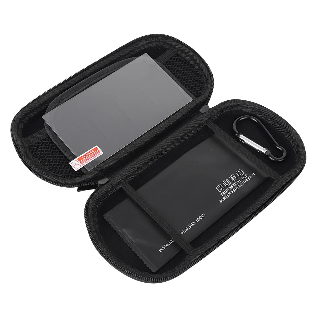 Black carrying case interior view with screen protector and carabiner on a white background