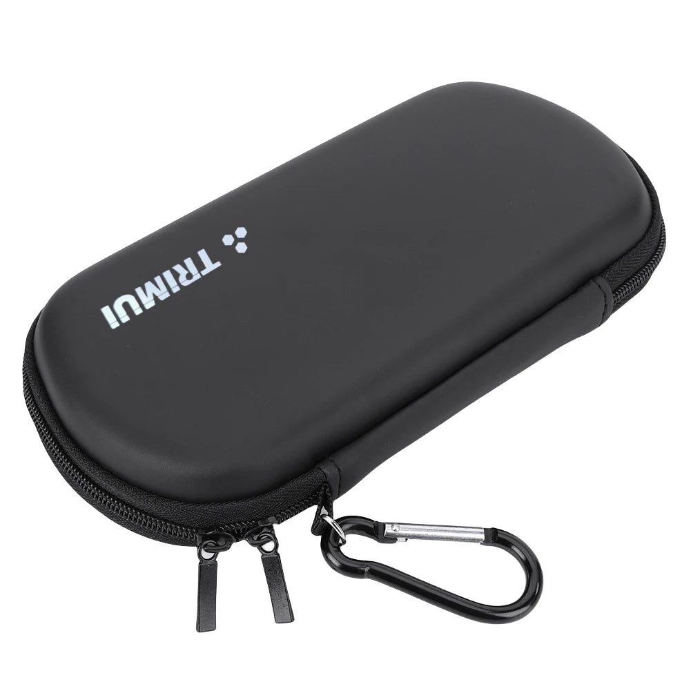 Black hard-shell case with carabiner and Trimu logo featuring clip on a white background