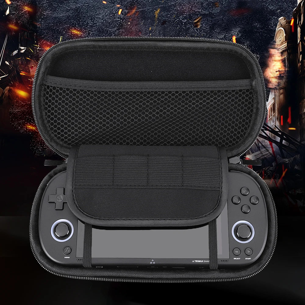 Black carrying case mesh interior for a handheld gaming device with a fiery background