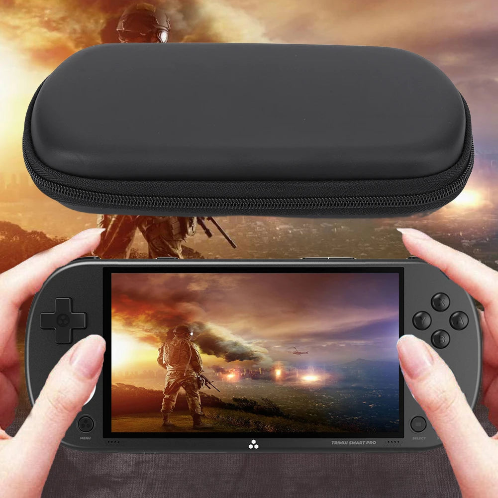 Black carrying case for a handheld gaming device with a game displayed on the screen.