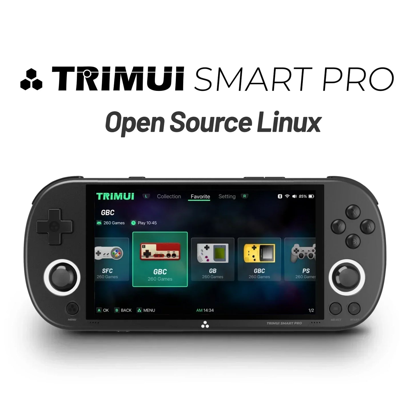 Black handheld gaming console with Trimui Smart Pro interface on a white background text  "Open Source Linux'