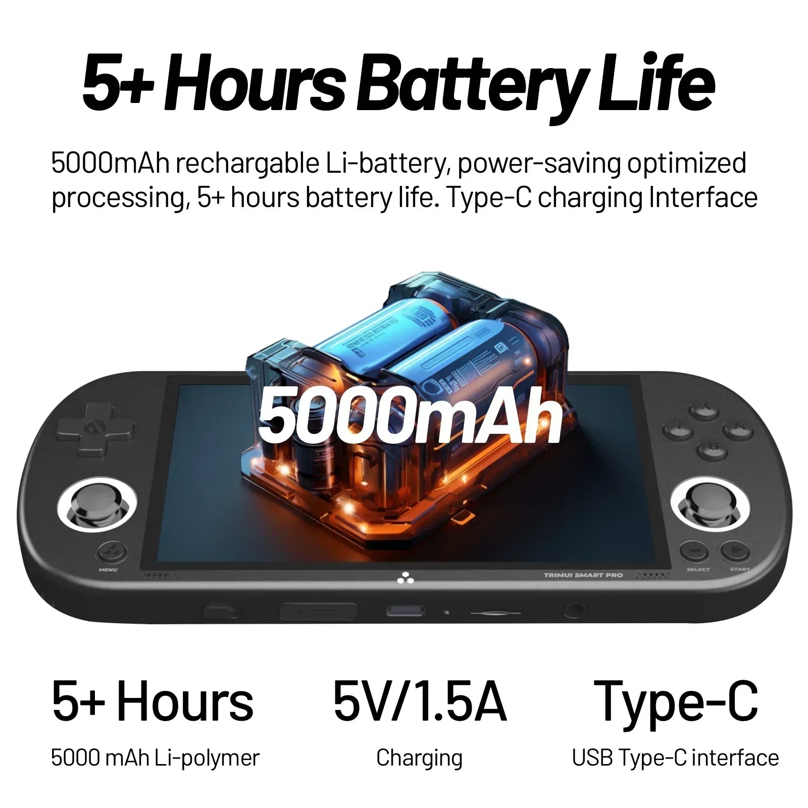 Gaming console with 5000mAh battery and charging details on a white background
