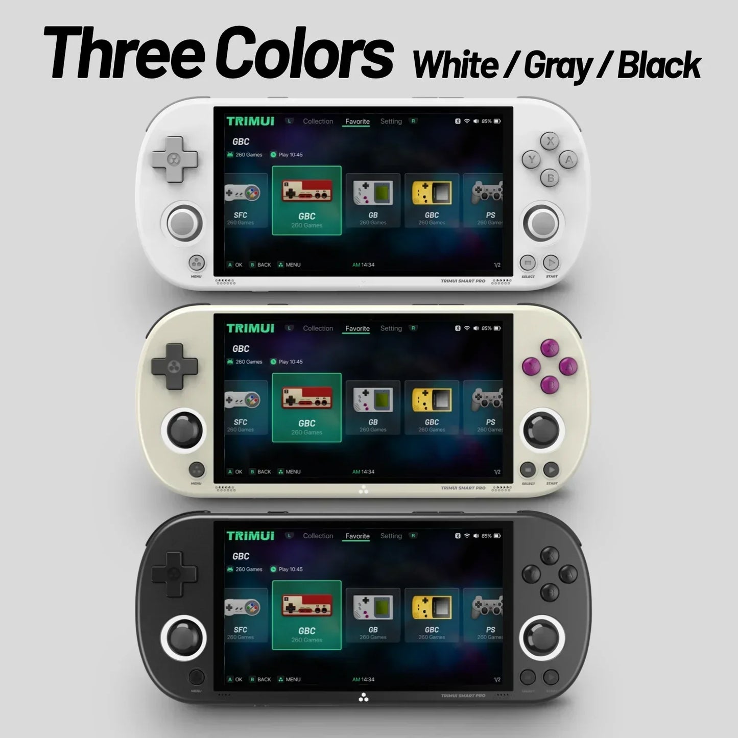 Three handheld gaming consoles in white, gray, and black on a light gray background.