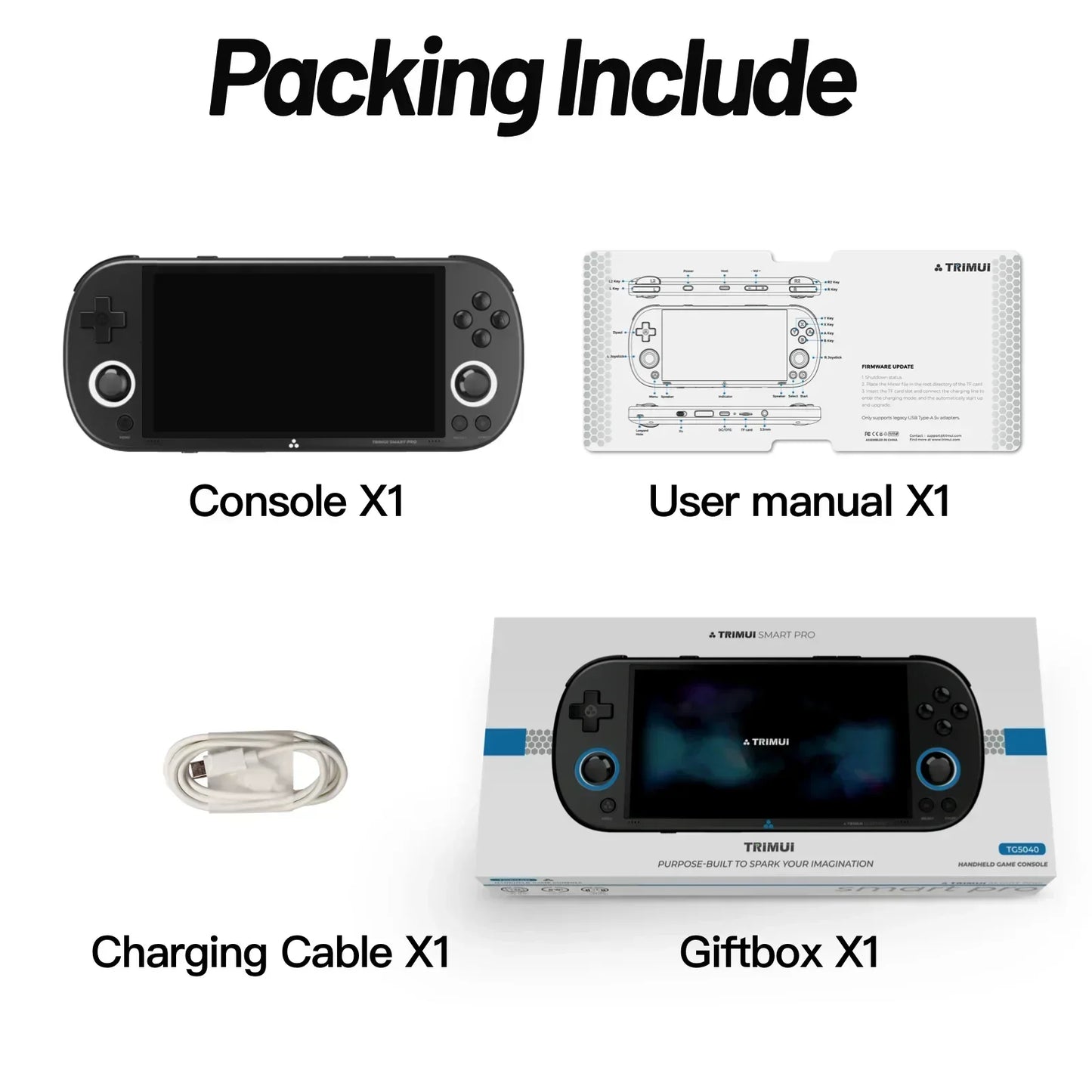 Packing list of a gaming console with console, user manual, charging cable, and giftbox on a white background.