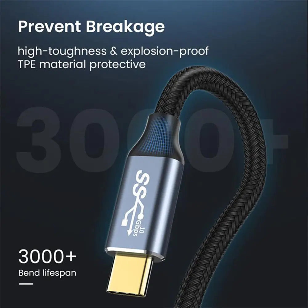 USB cable with protective sheath on a dark background, featuring text about durability and lifespan.