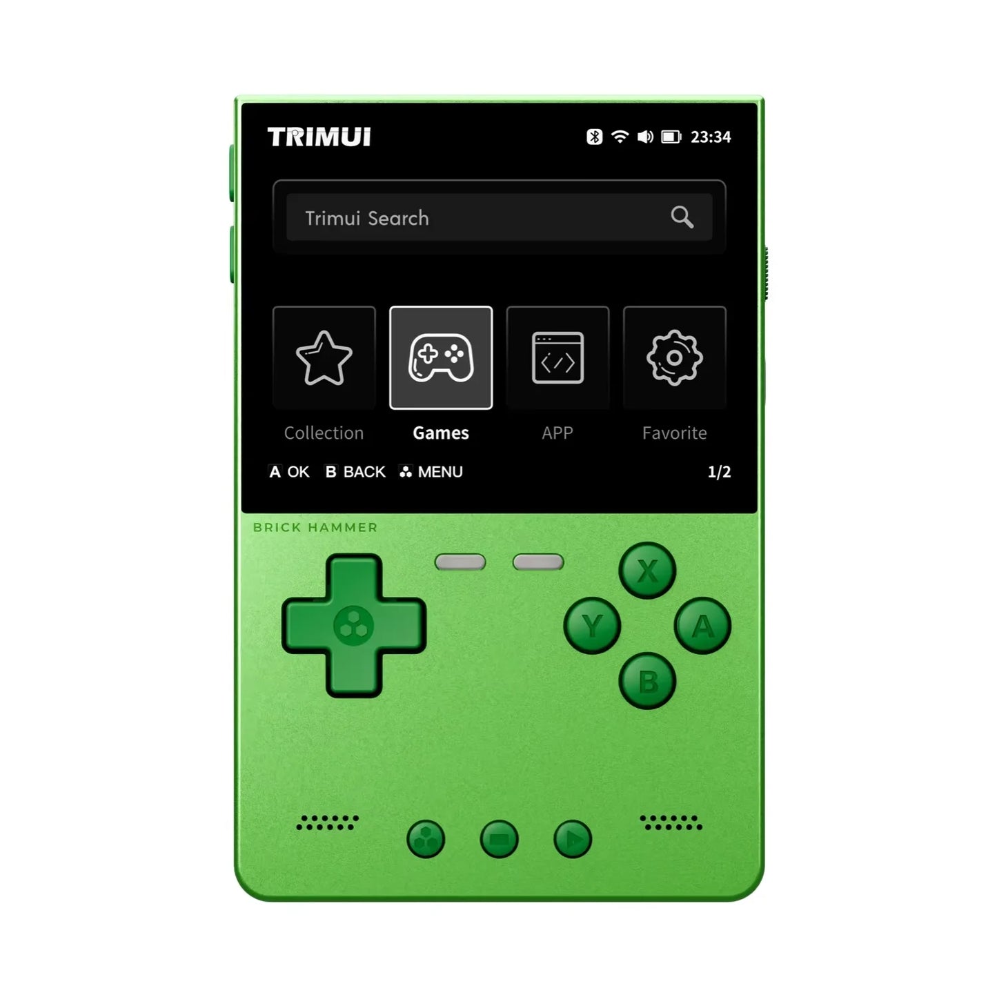 Trimui Brick Hammer retro handheld console in Wild Green showing Trimui UI home screen