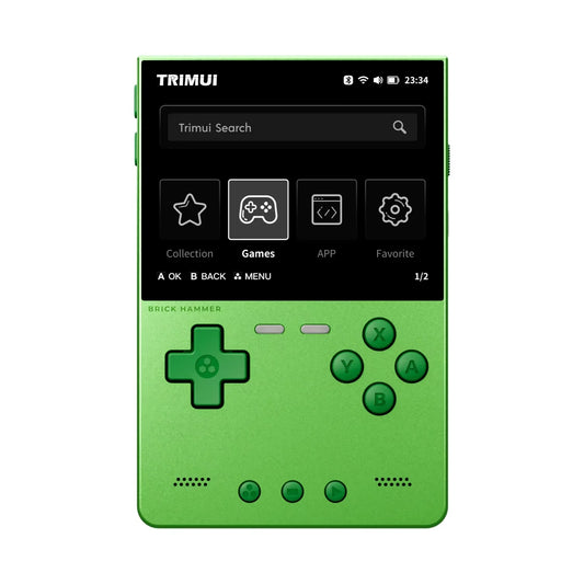 Trimui Brick Hammer retro handheld console in Wild Green showing Trimui UI home screen