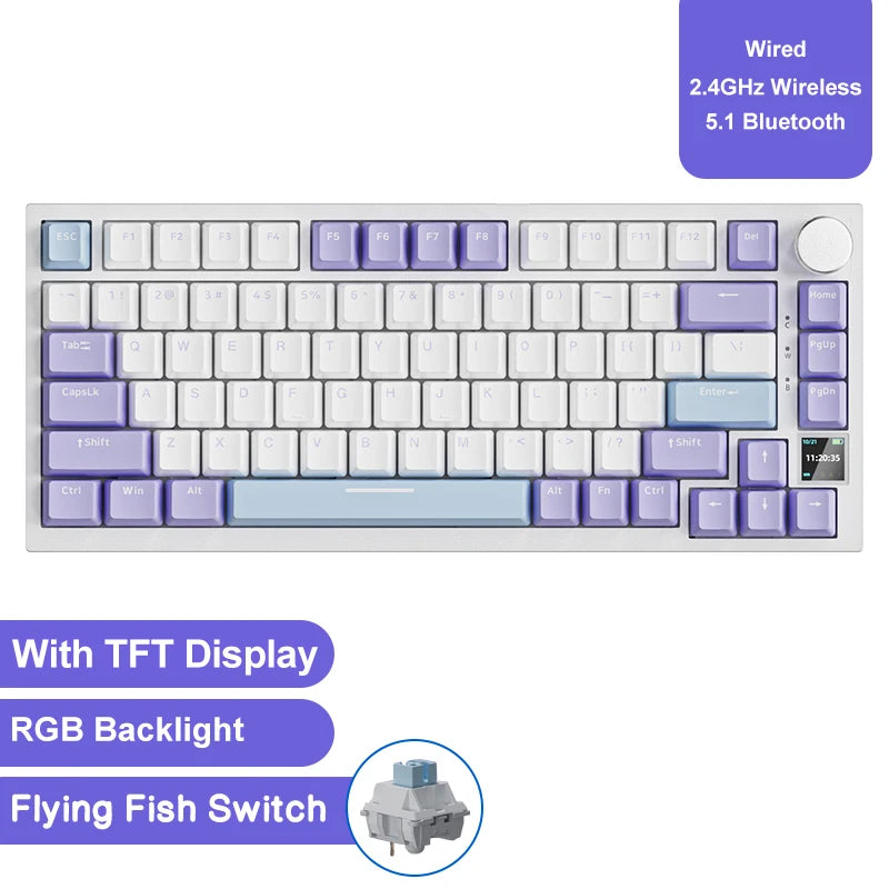 Mechanical Keyboard with purple and white keys on a white background, featuring text about connection methods and features.