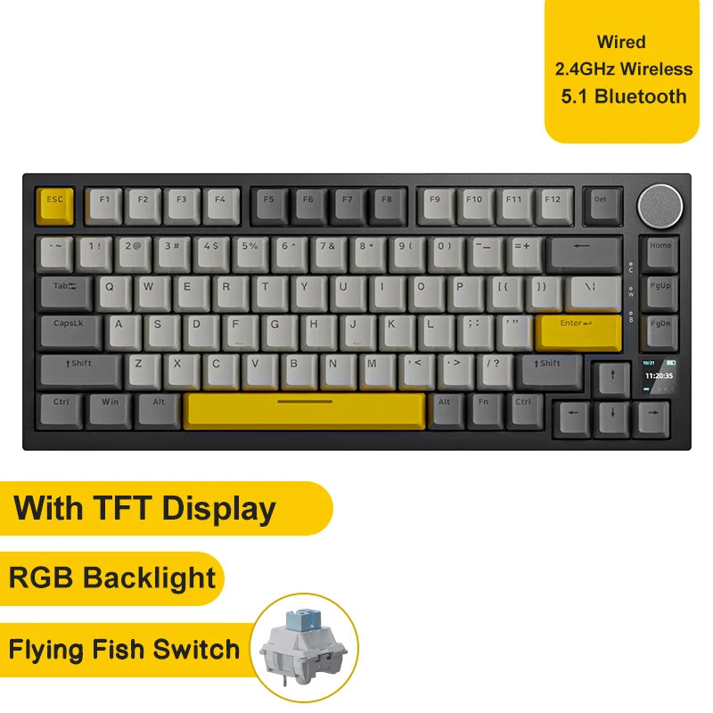 grey mechanical keyboard with TFT display, RGB backlight, and Flying Fish Switch on a white background