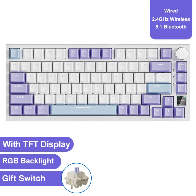 Mechanical Keyboard with RGB backlight and TFT display on a white background