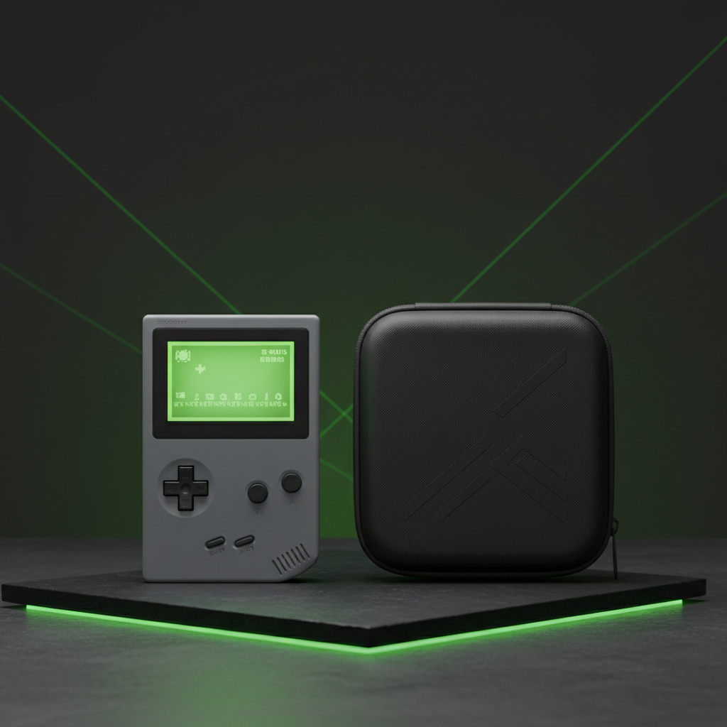 Small handheld device with a green screen next to a black carrying case on a dark background