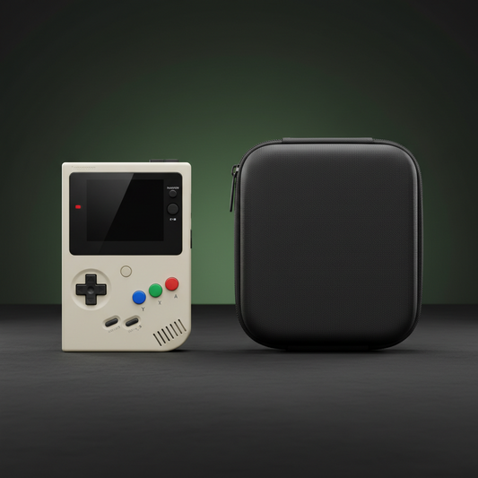 Vintage-style handheld gaming console with a black carrying case on a dark background
